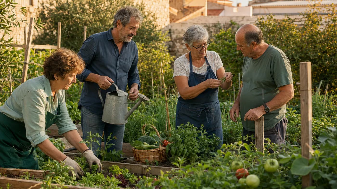 Grupo de personas adultas colabora en un huerto comunitario mediterráneo