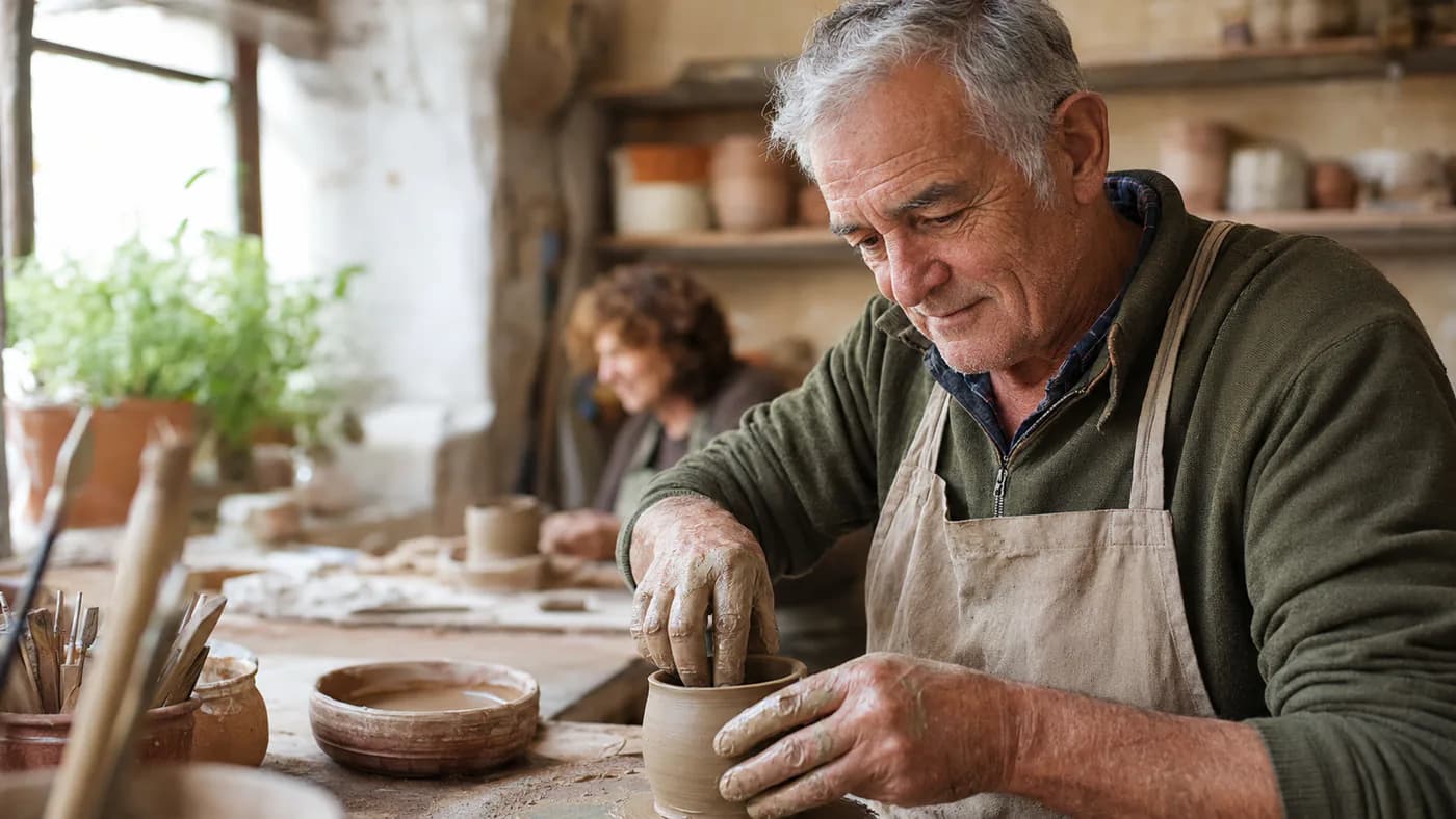 Hombre adulto aprende cerámica en un taller con luz natural