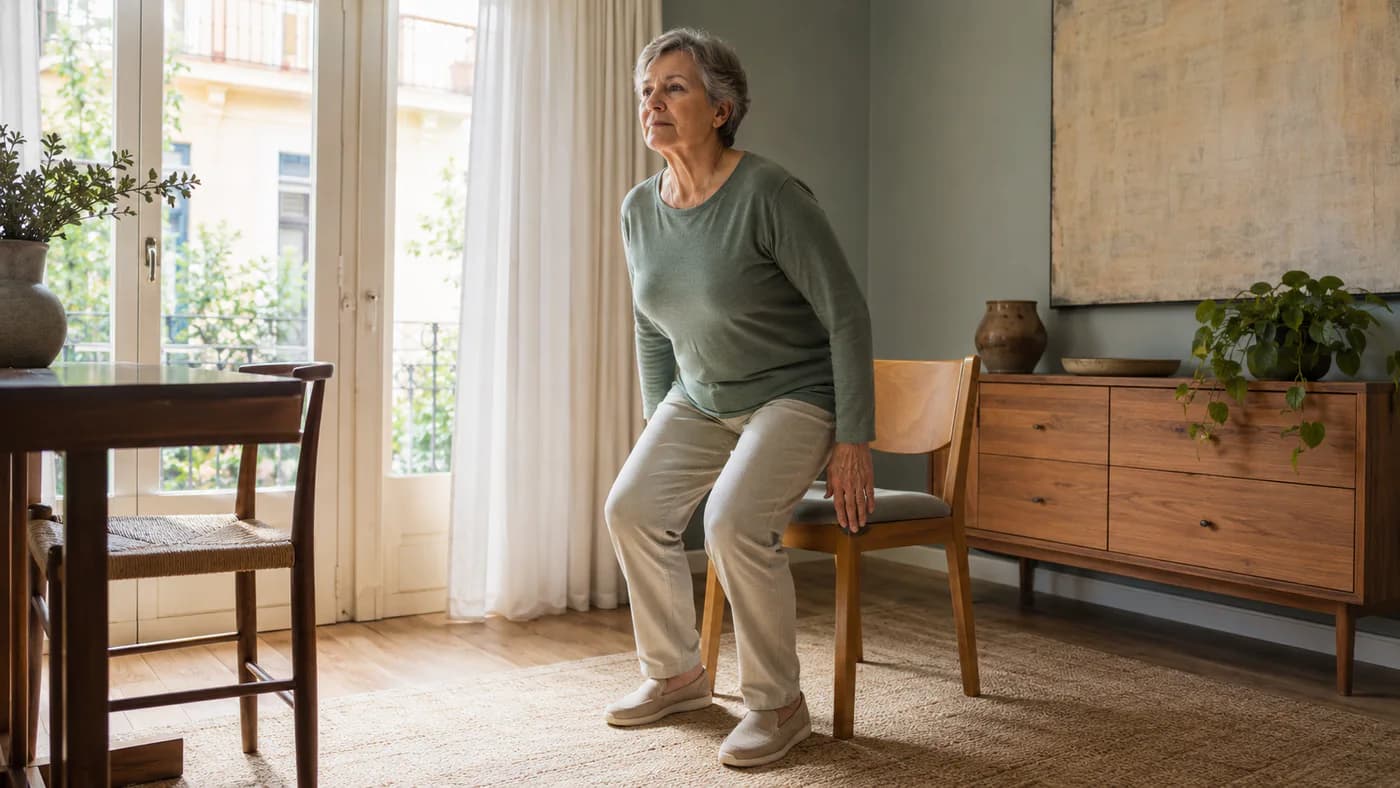 Mujer adulta practica levantarse de una silla con control en un salón luminoso