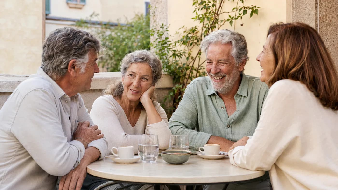 Grupo de amistades adultas conversa en una terraza tranquila