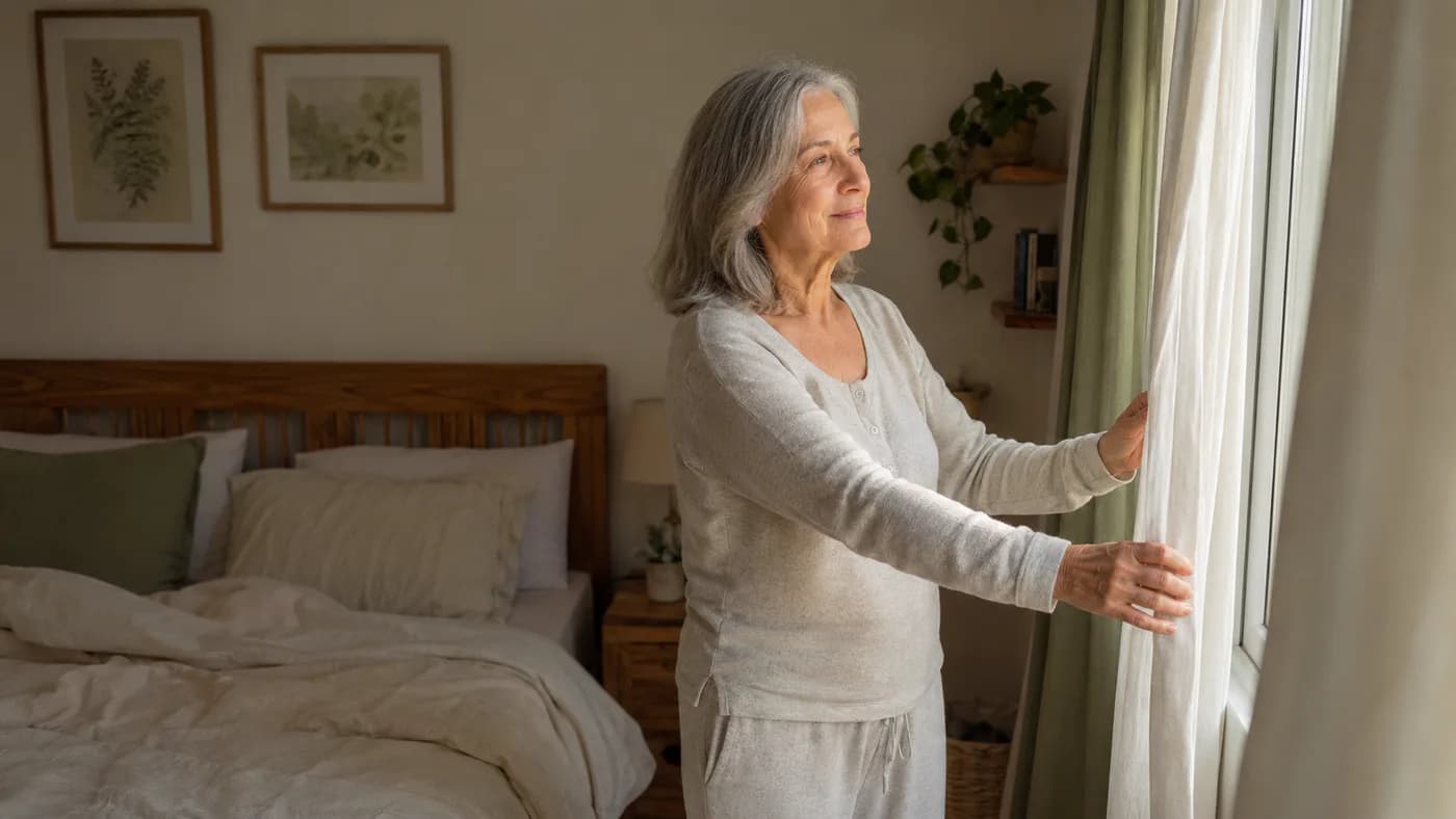 Mujer adulta abre las cortinas de un dormitorio sereno al comenzar el día