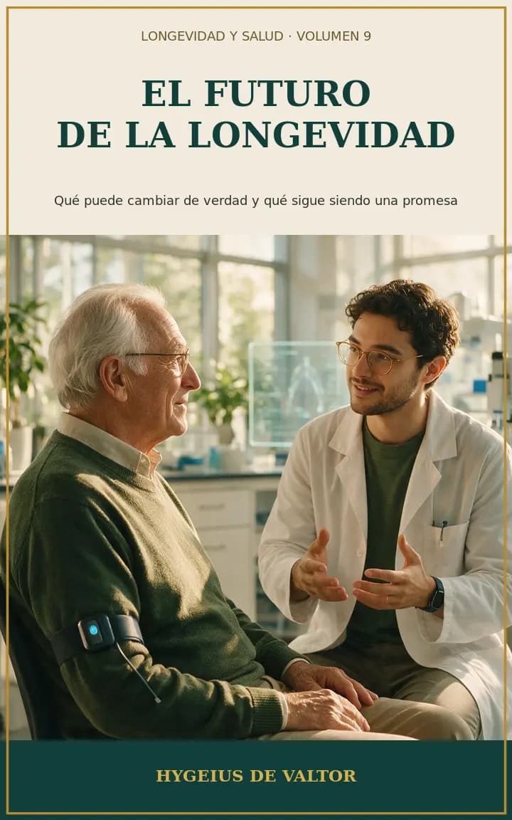 Cubierta fotográfica de El futuro de la longevidad con un adulto mayor y un investigador